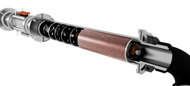 3. The internal baffles and copper mesh are used to create a tortuous path that effectively reduces flow velocity, captures large and fine ejected particulates, and cools down the flowing particles and gases before they exit the system (it captures the energy). (Source: NASA)