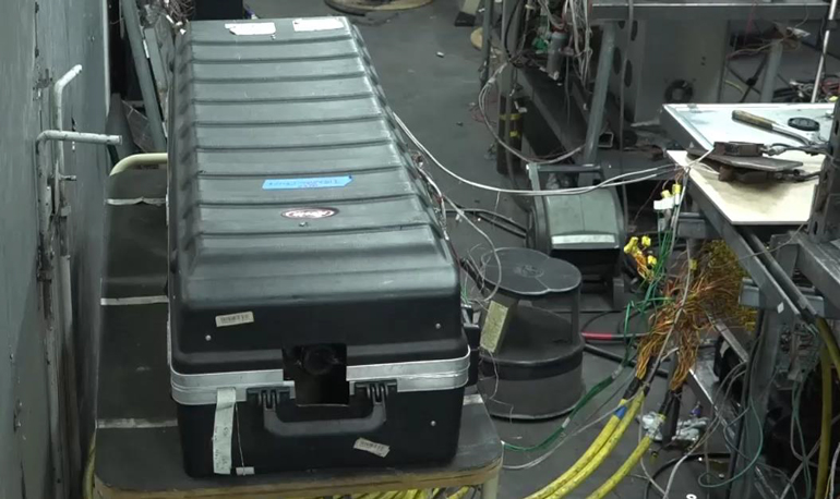 4. Part of the test setup at NASA Johnson Space Center Energy Systems Test Area (ESTA) shows the protective box enclosing the energy-laden calorimeter with internal cells that will undergo thermal runaway. (Source: NASA)